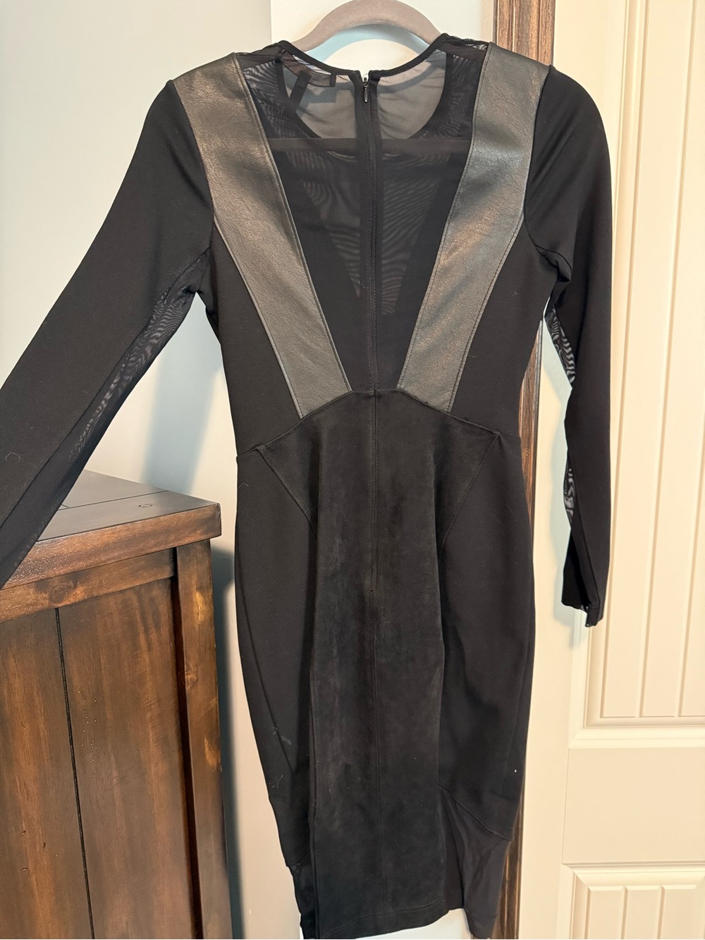 BCBGMaxAzria Black Long-Sleeve Faux-Leather Panel Bodycon Dress